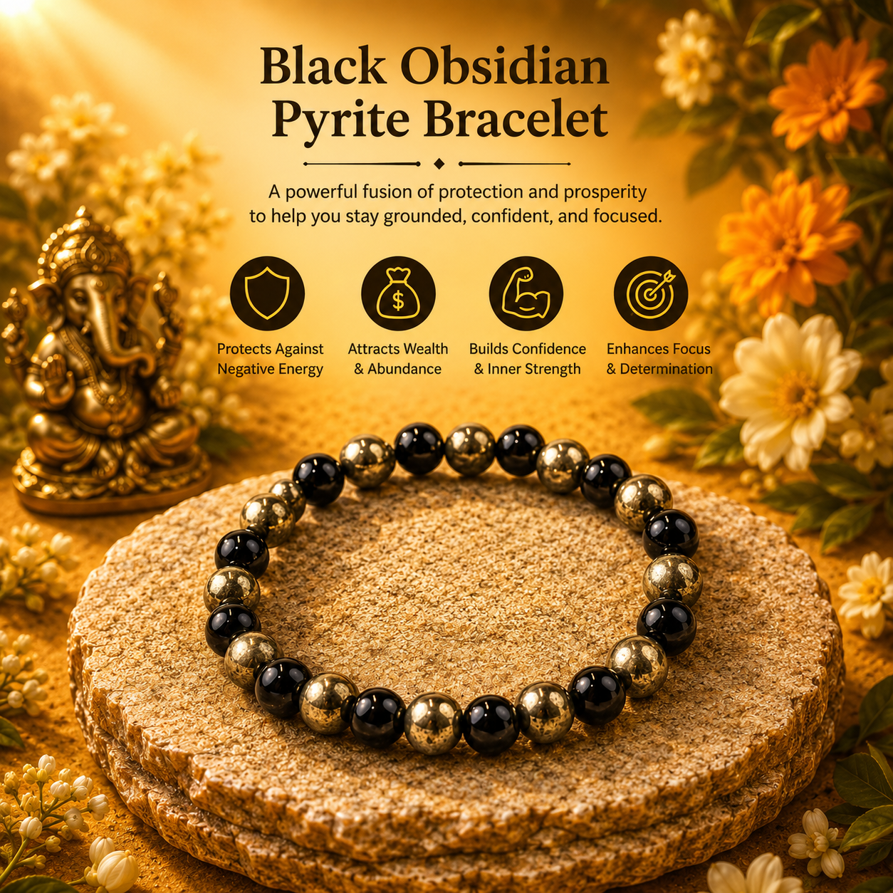 Pyrite & Black Obsidian Bracelet (8mm, Unisex)