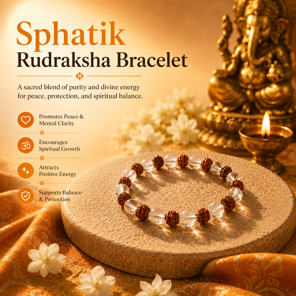 Rudraksha & Sphatik Bracelet (8mm, Unisex)