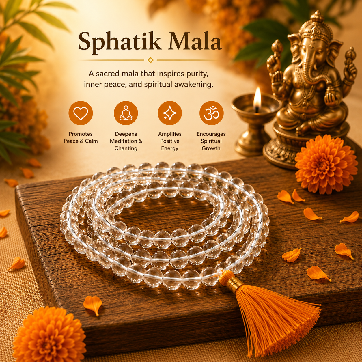 Natural Sphatik Necklace Jaap Mala (108+1 Beads, 8MM, Unisex) 100% Original & Certified