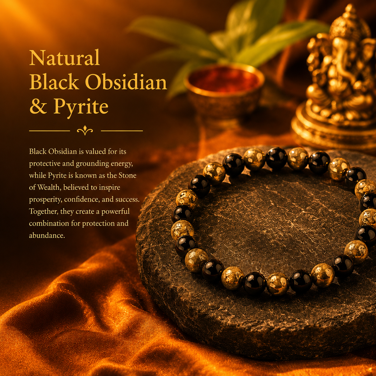 Pyrite & Black Obsidian Bracelet (8mm, Unisex) - Image 2