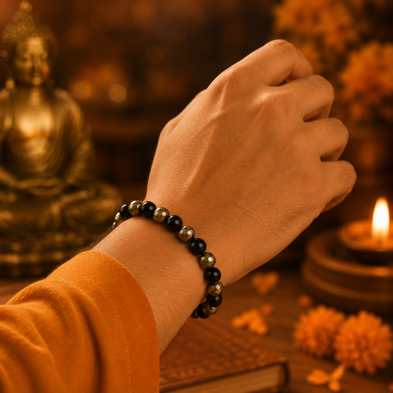 Pyrite & Black Obsidian Bracelet (8mm, Unisex) - Image 3