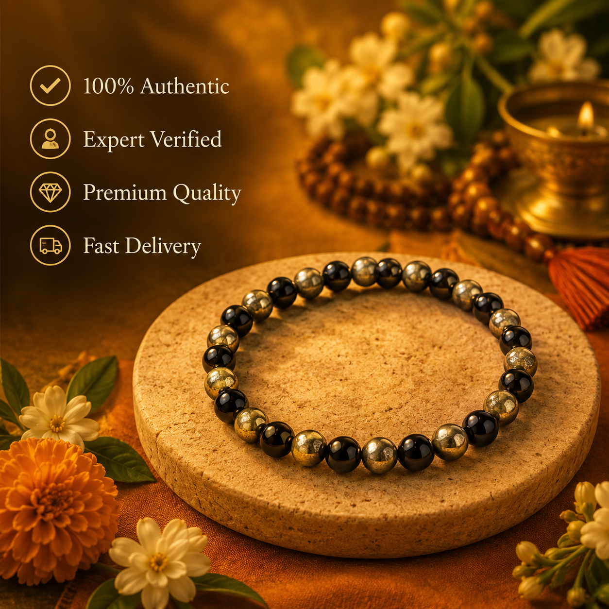 Pyrite & Black Obsidian Bracelet (8mm, Unisex) - Image 4