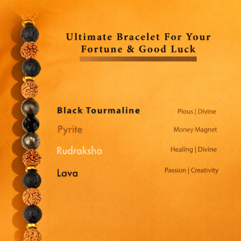 Rudraksha, Pyrite, Tourmaline & Lava Stone Bracelet (Unisex, 8mm) - Image 1
