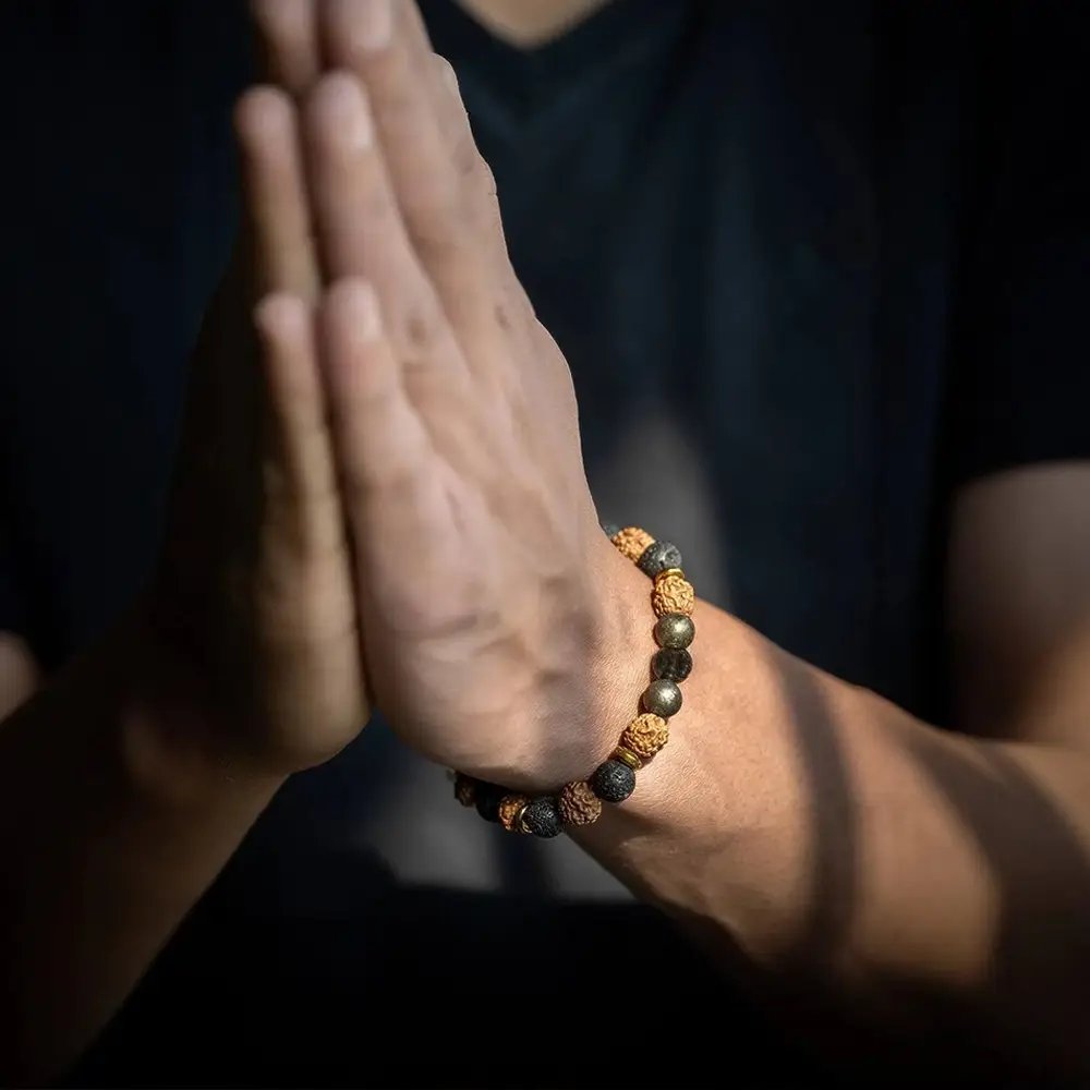 Rudraksha, Pyrite, Tourmaline & Lava Stone Bracelet (Unisex, 8mm) - Image 2